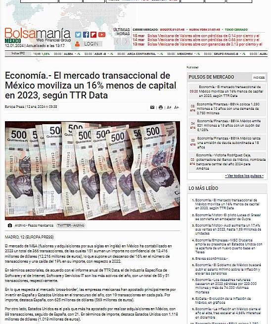 Economa.- El mercado transaccional de Mxico moviliza un 16% menos de capital en 2023, segn TTR Data